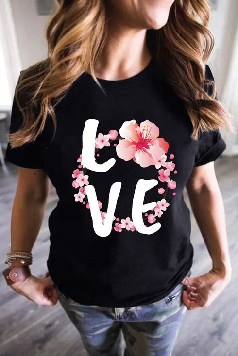 Black Love Cherry Blossoms Graphic Print Short Sleeve T Shirt